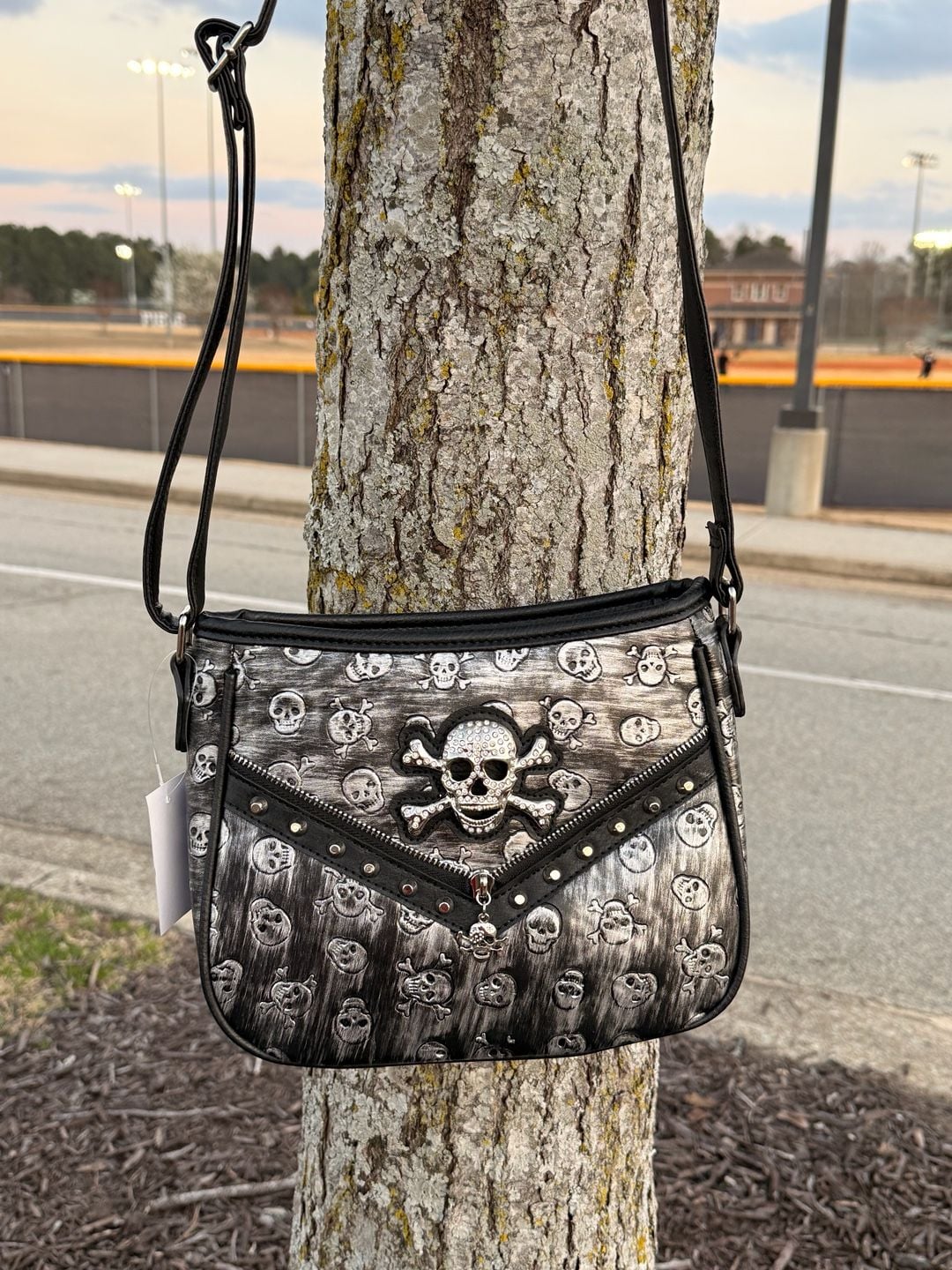 Black And Silver Glam Skull Embossed Cc Crossbody Purse With Rhinestones And Stu